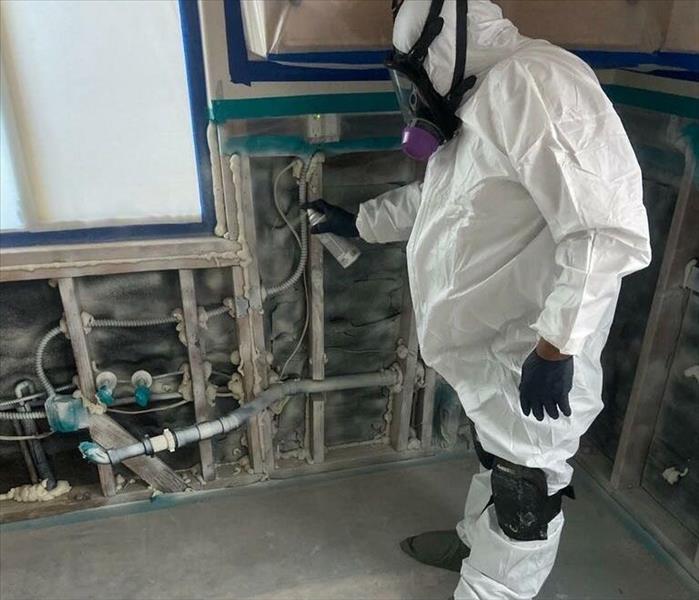 a man wearing a personal protective suit performing mold remediation services inside a home